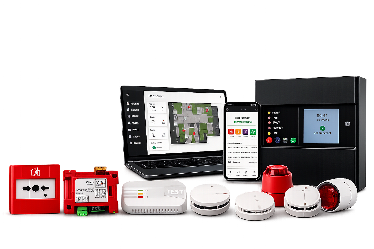 Connected fire alarm control panel, monitoring dashboard, mobile app, detectors, and alarm devices